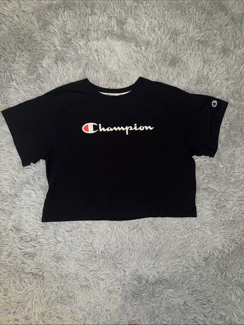 Champion Black Logo Crop Tee with White Script and Red Accent